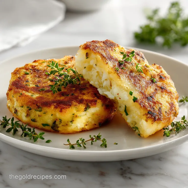 Crispy potato cakes stacked elegantly, drizzled with a creamy sauce and sprinkled with fresh herbs.