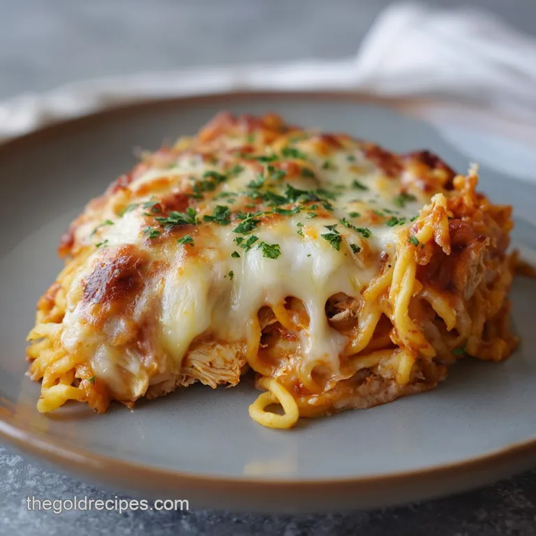 A serving of spaghetti with rich tomato sauce, browned beef and a blanket of bubbling, golden-brown cheese is plated beaut...