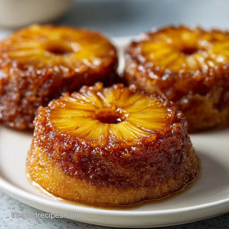 Delicate mini pineapple cakes artfully arranged, topped with bright maraschino cherries and a dusting of powdered sugar.