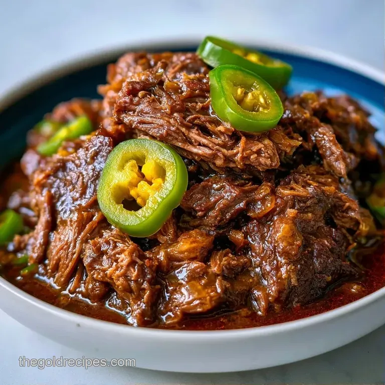 Slices of juicy, tender beef on a white ceramic platter, topped with tangy peppers and a rich, glossy brown sauce.