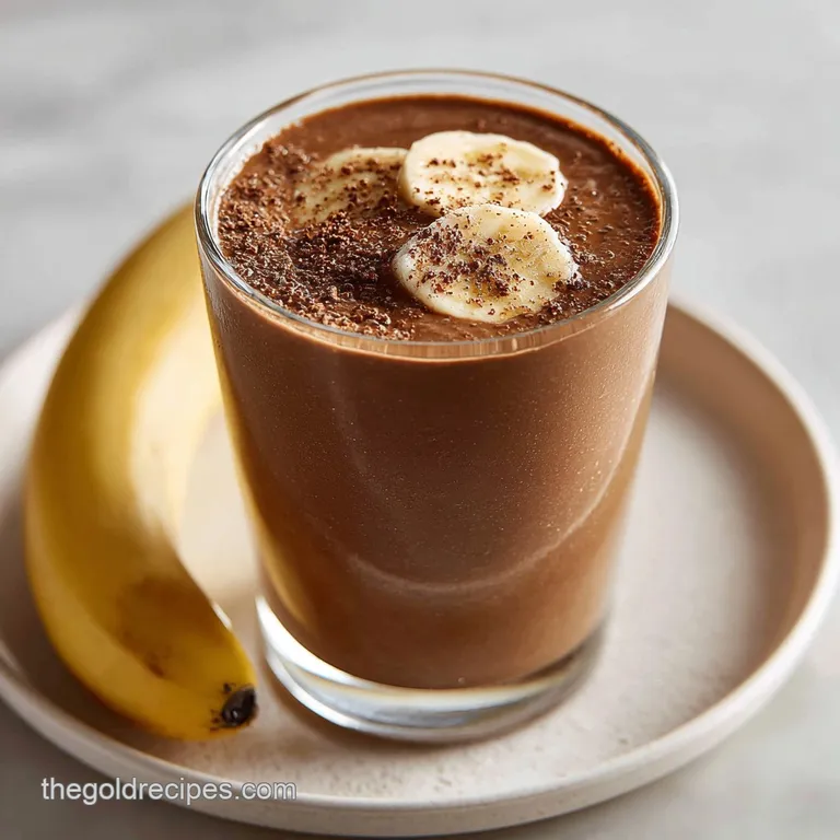 Tall glass filled with a frosty chocolate-peanut butter smoothie, topped with sliced banana, nuts, and chocolate shavings.