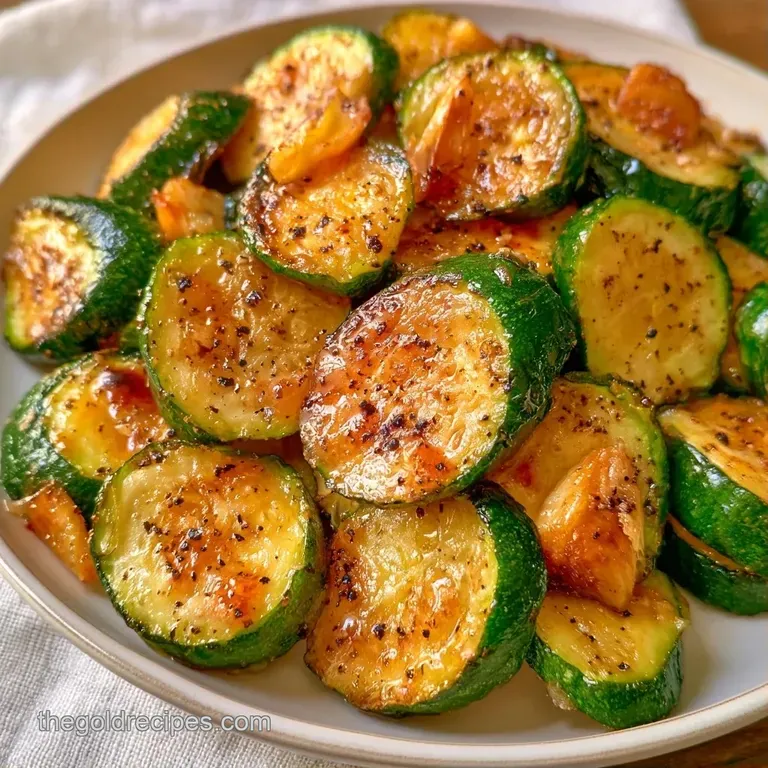 Sliced green squash piled neatly on a white ceramic plate with a sprinkle of red pepper flakes and fresh parsley.