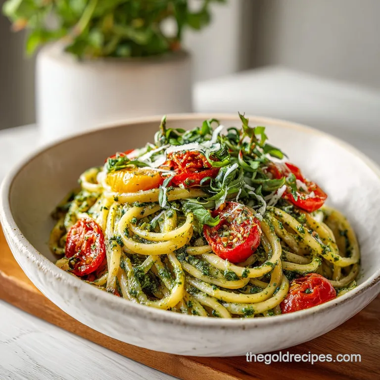A forkful of emerald pesto pasta twirled high on a white plate. Grated parmesan sprinkles catch the light, tempting the pa...