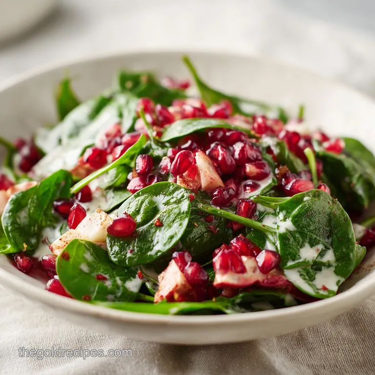 A glistening green salad piled high with jewel-like pomegranate seeds and a drizzle of golden honey mustard dressing.