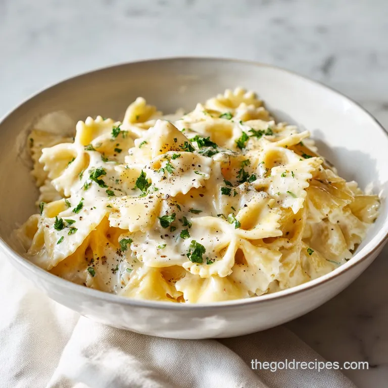 A generous serving of luscious Boursin pasta, glistening with cheese sauce and topped with fresh parsley.