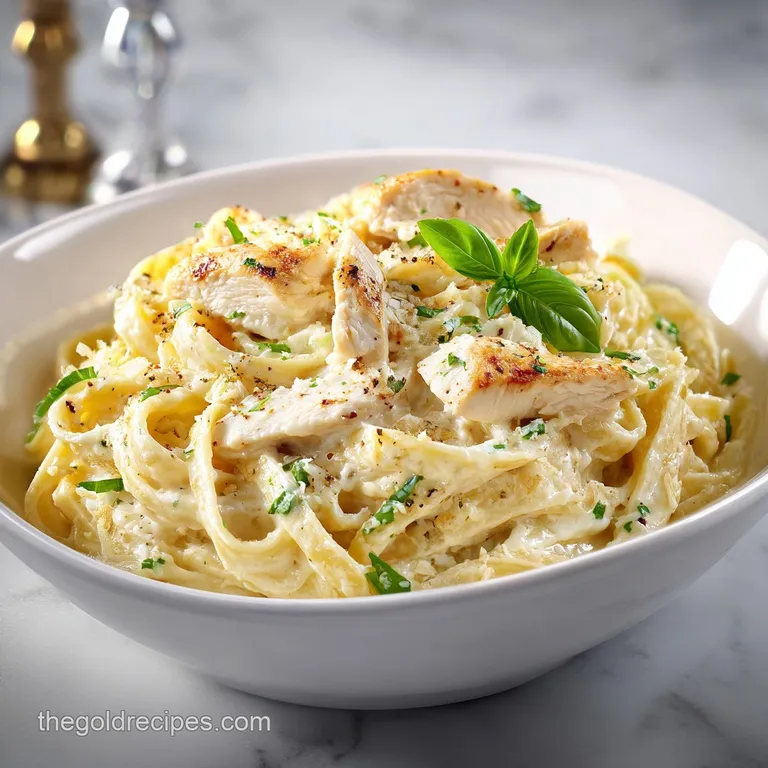 Elegant plate of fettuccine alfredo. Juicy chicken glistens. Pepper is cracked over a portion, steam rises gently.