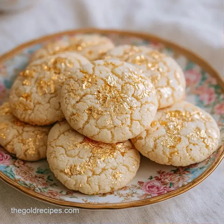 A neat stack of shimmering gold-flecked treats on a white marble plate, paired with a delicate tea cup.