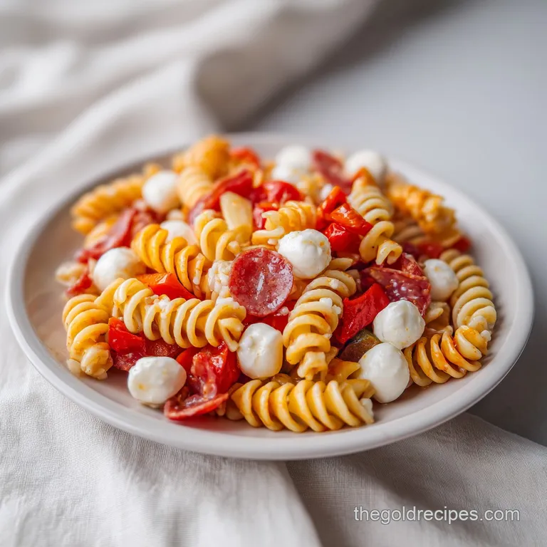 Colorful pasta spirals and sliced pepperoni served in a white bowl, garnished with fresh parsley and black olives.