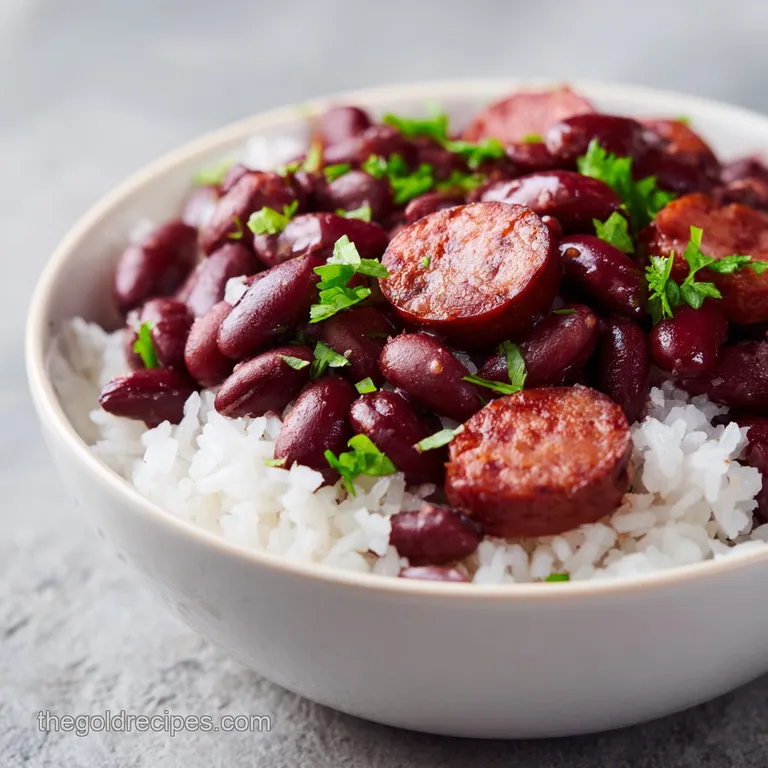 A white porcelain bowl featuring fluffy rice topped with rich, stewed red beans and a sprinkle of fresh parsley.