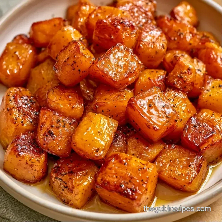 Tender orange squash cubes piled high on a white plate, drizzled with maple syrup and garnished with toasted pecans.
