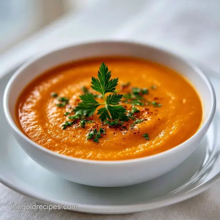 Vibrant orange puree in a matte grey bowl with a spiral of coconut cream and a sprinkle of cracked black pepper.