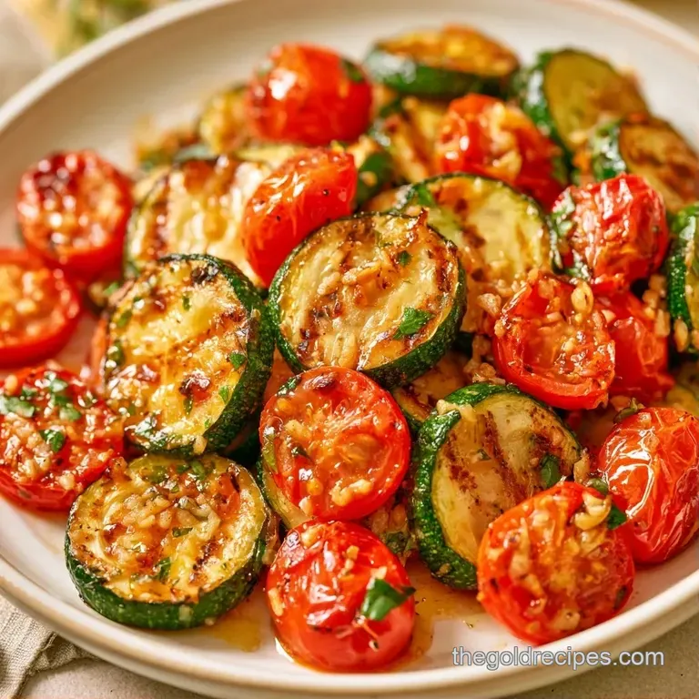 Tender green zucchini circles and blistered red tomatoes artfully plated on a white ceramic dish with fresh herbs.