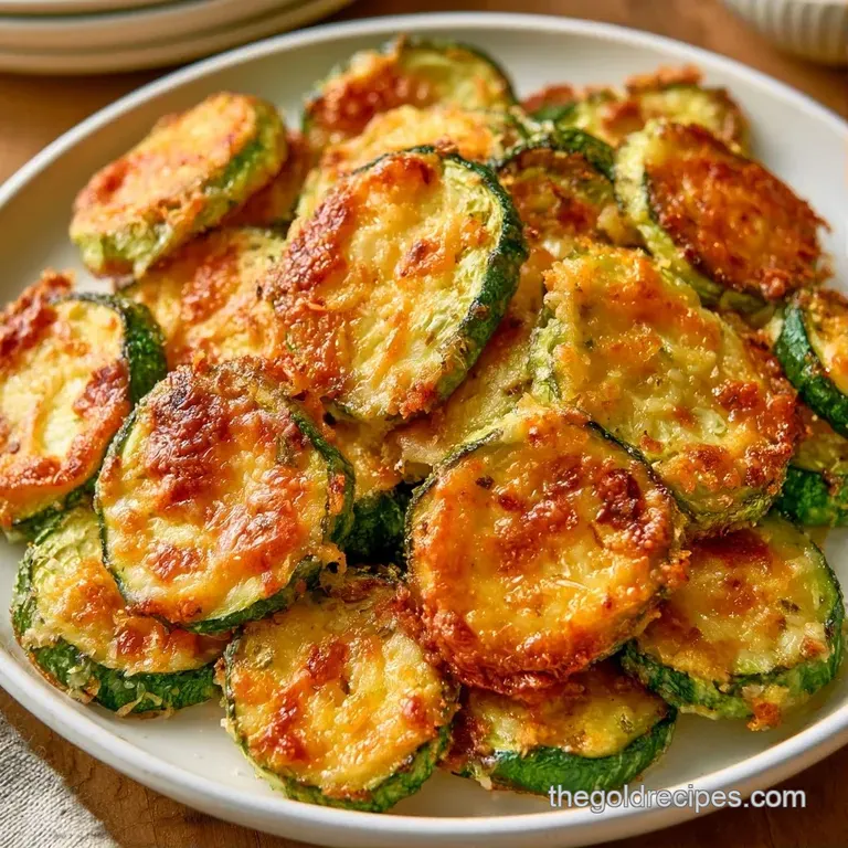 Sliced green squash rounds with toasted cheese crusts arranged neatly on a white ceramic plate with herb garnish.
