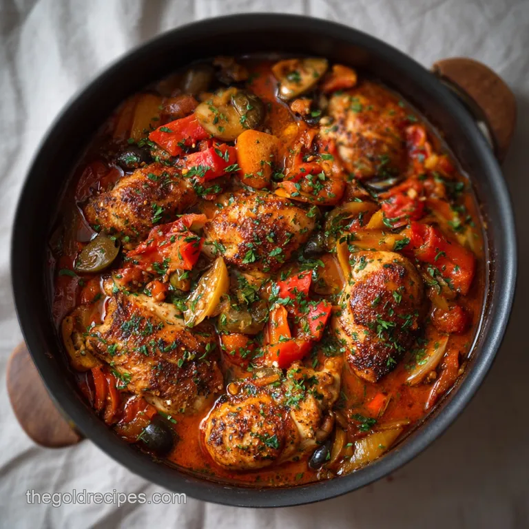 Hearty chicken cacciatore served in a rustic bowl, glistening with sauce and fresh herbs.