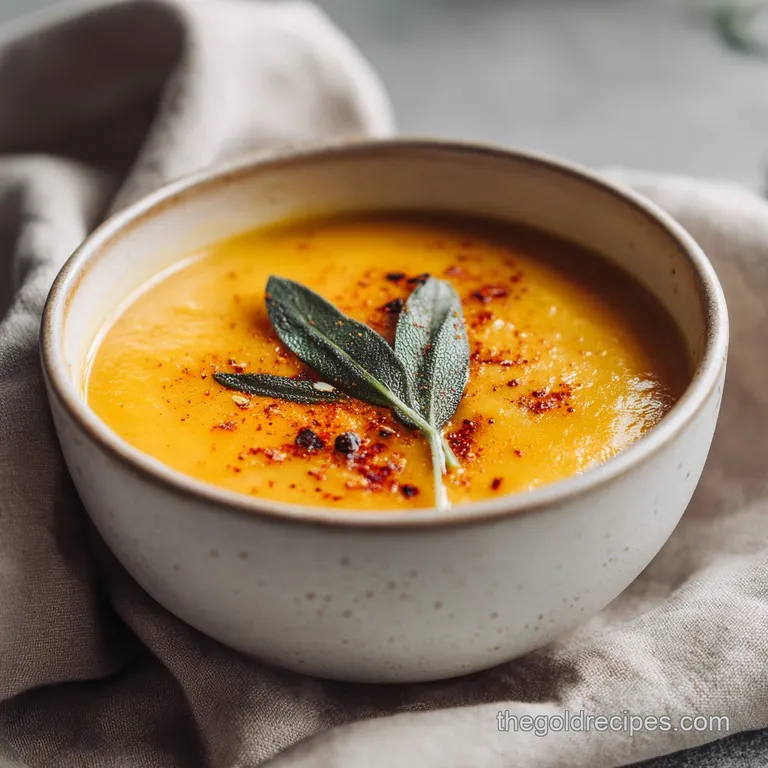 A rustic bowl filled with smooth, creamy orange soup, topped with toasted croutons and a sage sprig.
