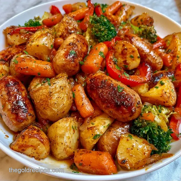 Elegant plate of juicy seared sausages and herb-roasted potatoes garnished with vibrant green chopped parsley.