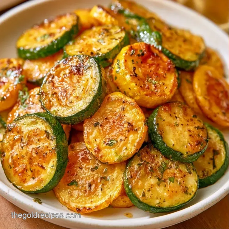 Vibrant slices of yellow and green summer squash neatly piled on a white plate, garnished with fresh green herbs.