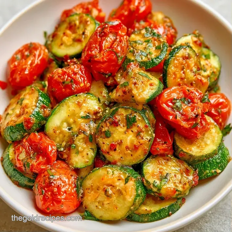 Tender green zucchini rounds and burst red tomatoes elegantly arranged on a white plate with a sprig of parsley.