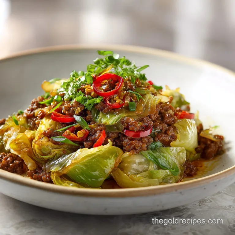 Plated cabbage and beef mixture, garnished with herbs. A hearty and inviting meal, steaming slightly.