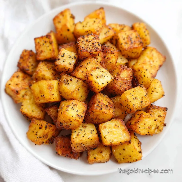A rustic cast iron skillet filled with charred potato cubes, garnished with chopped herbs and cracked black pepper.