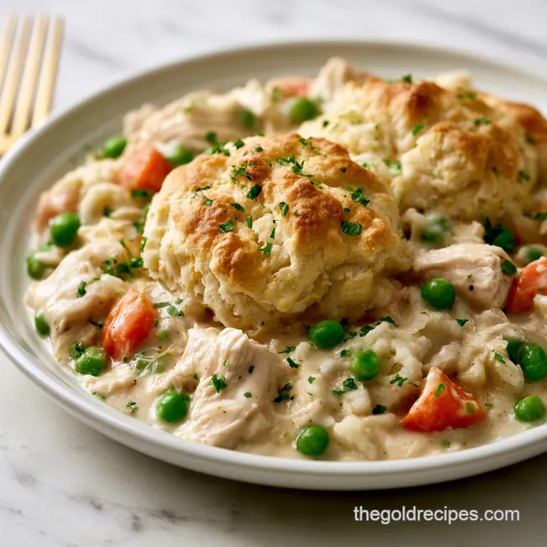 Flaky, golden-brown biscuits atop a rich, creamy chicken stew in a minimalist white ceramic bowl on a linen cloth.
