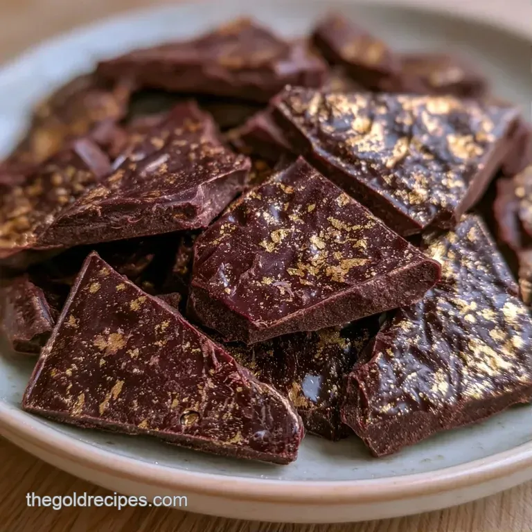 Jagged, gold-glittered brittle fragments stacked in a delicate spire on a minimal dark slate platter.