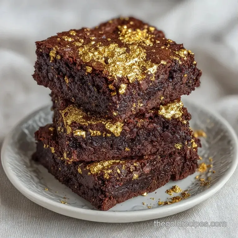 A neat stack of dark chocolate squares dusted with gold leaf, garnished with a single fresh raspberry on white porcelain.