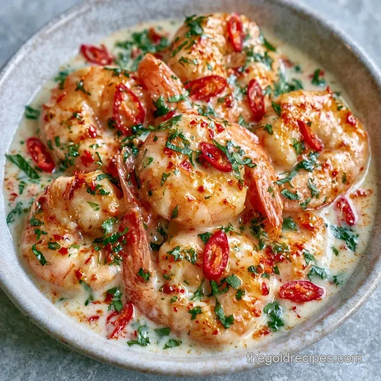 Plump pink shrimp in a velvety white sauce served in a ceramic bowl with lime wedges and a sprinkle of toasted coconut.
