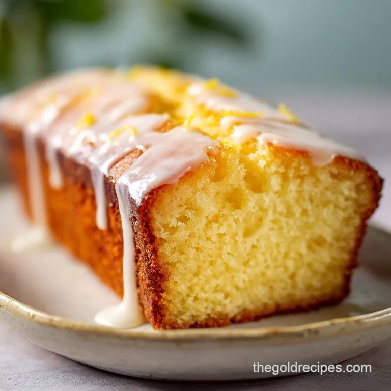 A single, moist slice of lemon loaf cake, vibrant yellow, resting on a patterned plate with a fork, ready to be enjoyed.