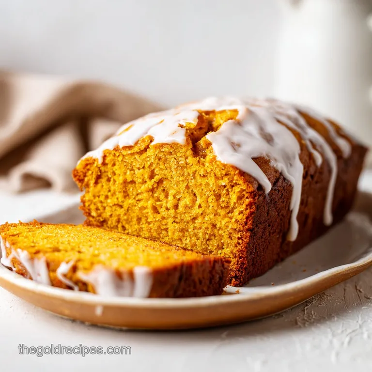 A slice of glazed pumpkin bread on a white plate, with a dollop of whipped cream. Sprinkled cinnamon, creating a cozy, aut...