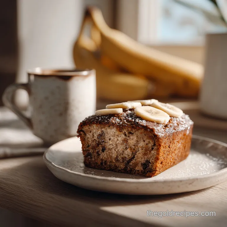 Elegant slice of moist banana bread with a glossy brown sugar glaze, artfully placed on a white plate.