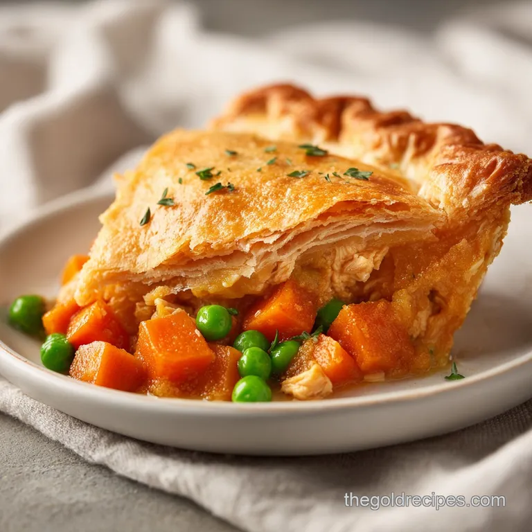 A scoop of creamy chicken and vegetable stew topped with a crisp golden crust in a white ceramic bowl.