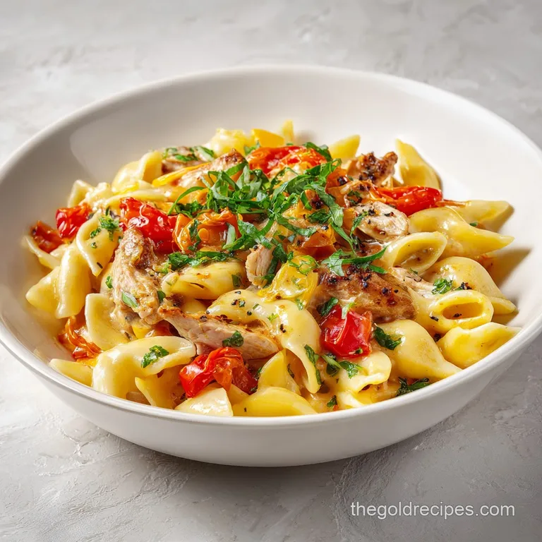 A swirl of creamy pasta and chicken, adorned with vibrant green herbs and a sprinkle of parmesan, artfully arranged on a w...