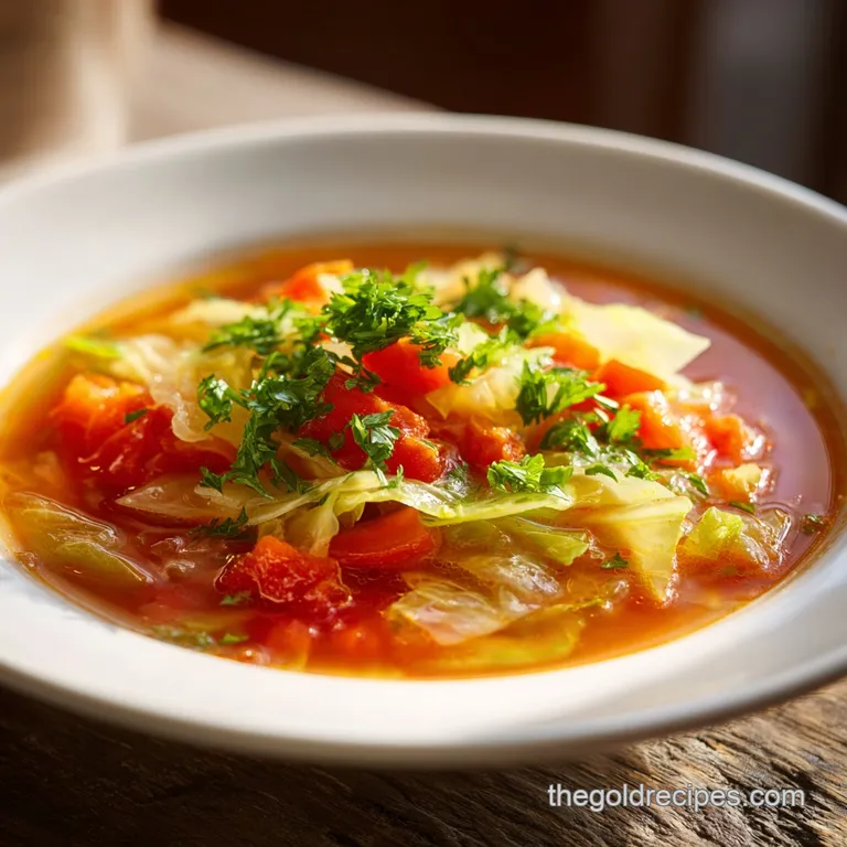A steaming bowl of hearty vegetable soup, garnished with fresh herbs, showcasing tender cooked ingredients.