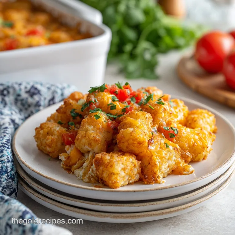 A generous scoop of steaming tater tot casserole shows layers of creamy filling, crispy tots, and melted cheese.