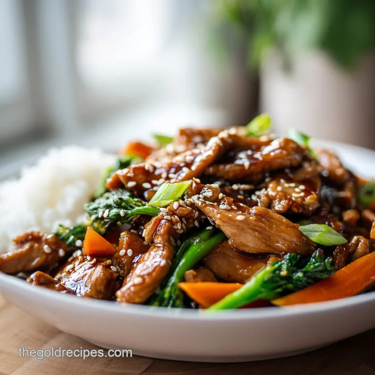Teriyaki chicken stir-fry artfully plated. Steam rises from the glistening chicken, atop vibrant, mixed vegetables. Garnis...