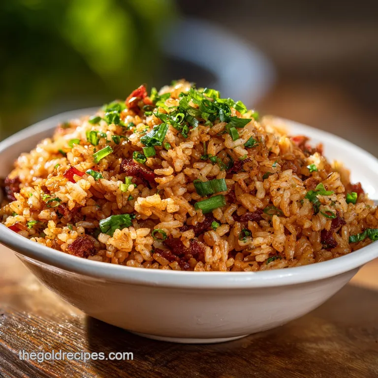 A scoop of glistening seasoned rice rests on a white plate, flecked with vibrant green herbs. Warm, inviting, & ready to e...