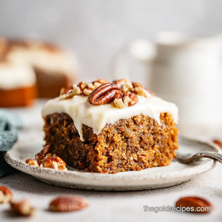 A square slice of moist Texas sheet cake dusted with pecans on a white plate. Hints of chocolatey richness.
