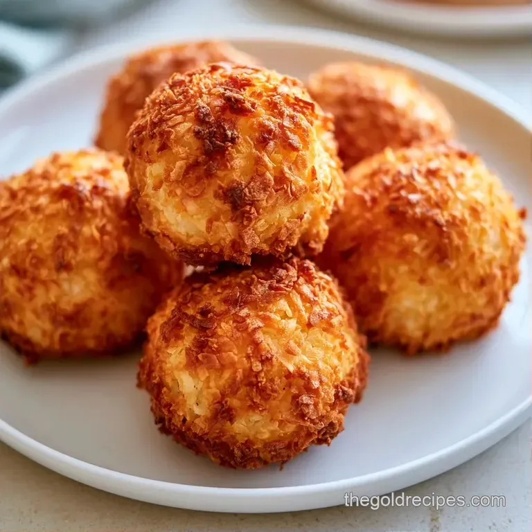 Elegant arrangement of toasted coconut spheres on a marble platter, garnished with fresh mint and a honey drizzle.