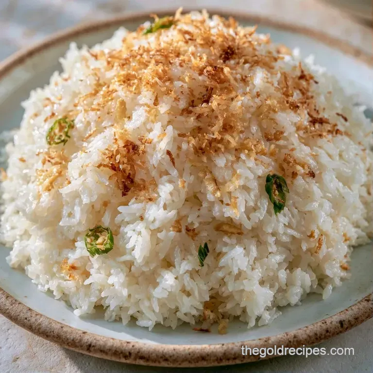 A neat mound of fluffy white grains accented by crispy golden coconut shards on a minimalist matte black plate.