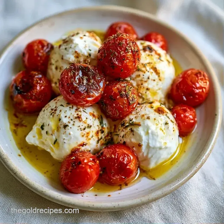 Creamy burrata surrounded by vibrant red cherry tomatoes and fresh green basil leaves on a clean white plate.