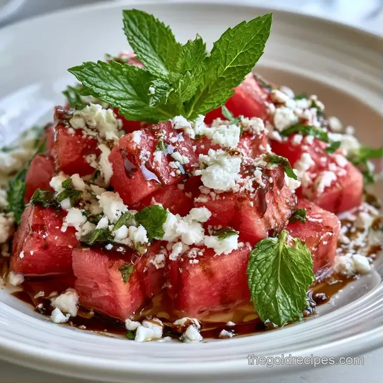 Vibrant red watermelon cubes and white feta crumbles garnished with mint leaves on a minimalist white ceramic plate.