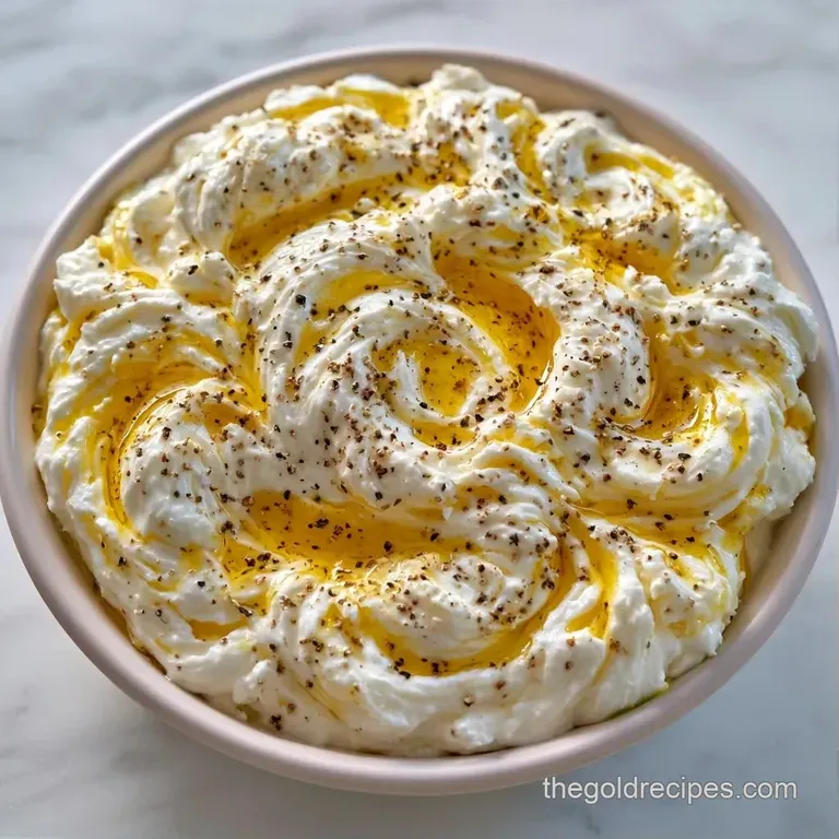 Elegant swirls of creamy white cheese topped with oil and herbs, served with warm, charred golden pita bread pieces.