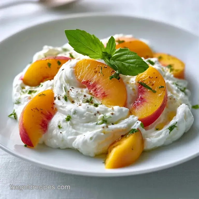 Slices of juicy orange peaches resting on a bed of airy white cream, garnished with crushed green pistachios.