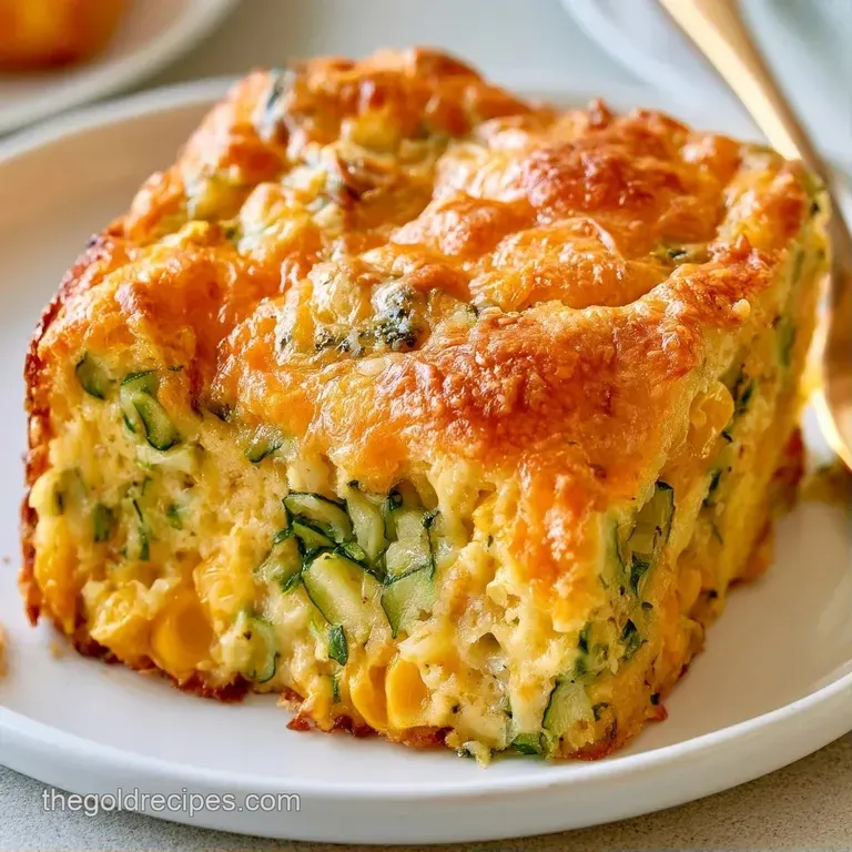 A neat square slice of cheesy vegetable bake with melted cheese topping on a white plate with a sprig of parsley.
