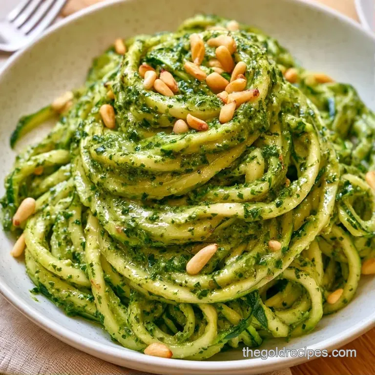 Swirled green vegetable spirals in a white ceramic bowl, topped with toasted pine nuts and fresh basil leaves.