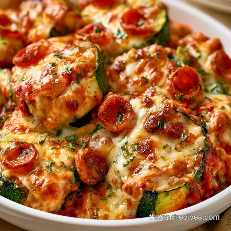 Small rounds of roasted zucchini topped with bubbly melted cheese and fresh parsley on a white ceramic platter.